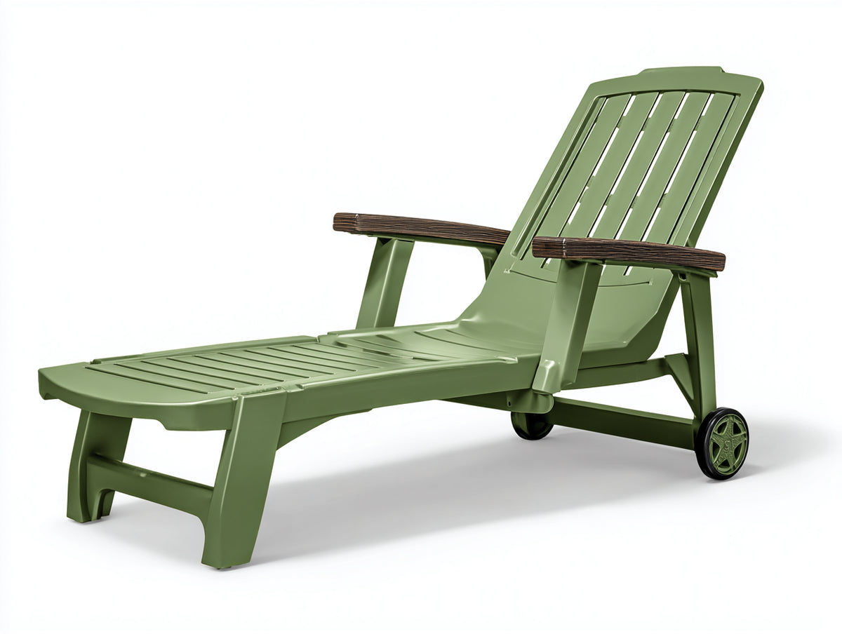 Poltrona reclinabile 195×72×100 cm - plastica verde oliva e marrone - braccioli effetto legno per terrazza