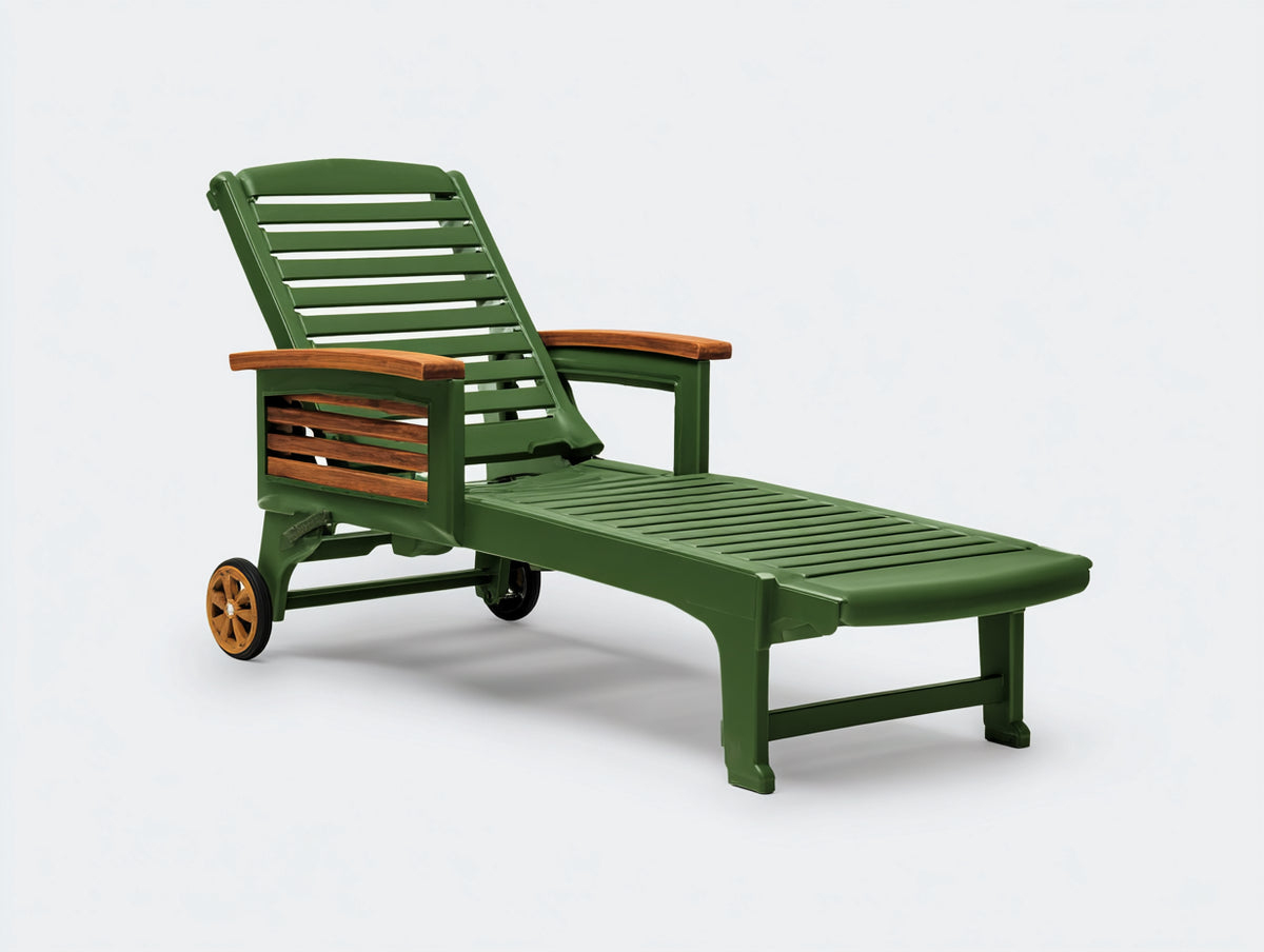 Poltrona reclinabile in plastica 195×72×98 cm - verde e marrone - con ruote per terrazza
