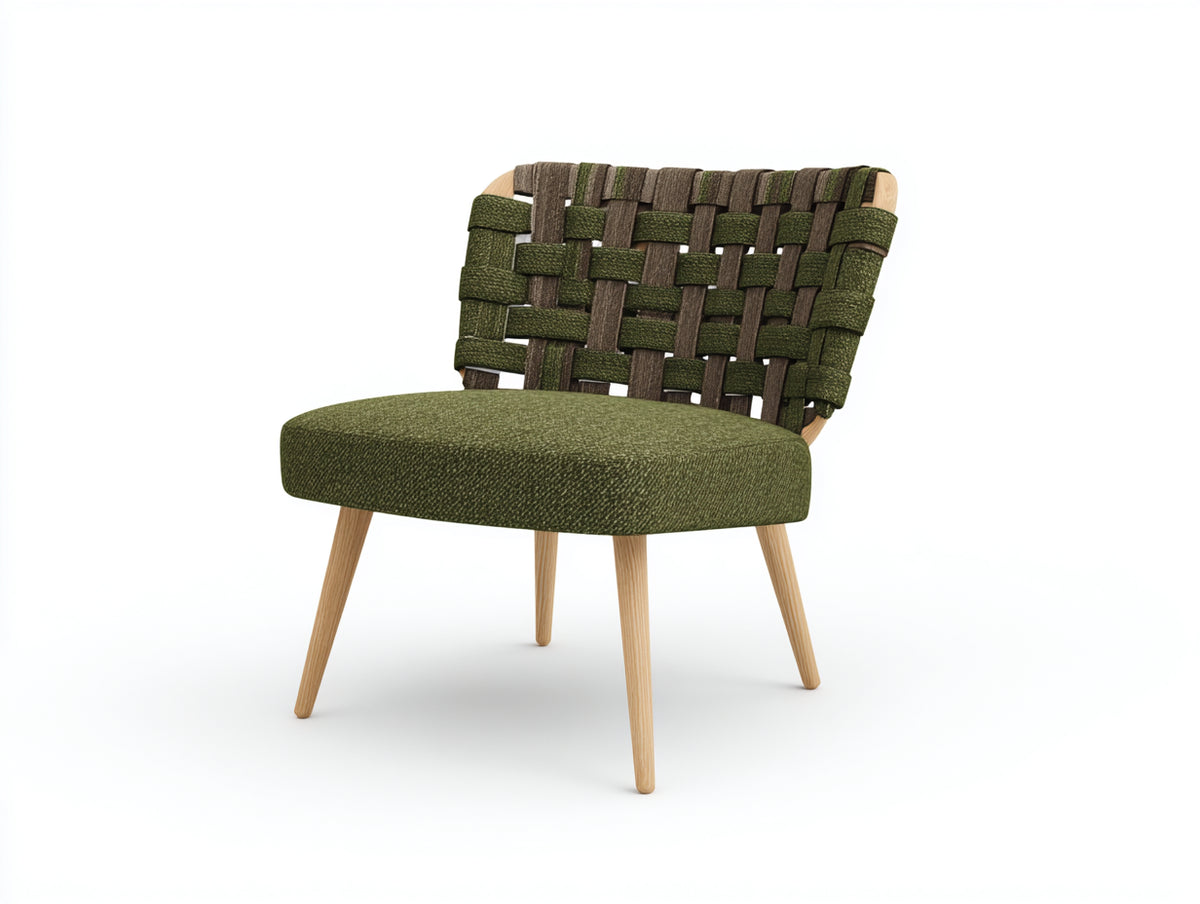 Poltrona in legno e tessuto 62×69×78 cm - verde muschio e marrone - schienale intrecciato per Camera Da Letto