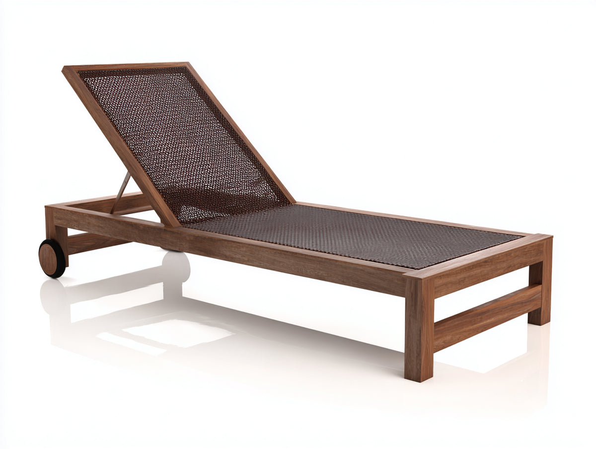 Poltrona Reclinabile in teak e rete 200×65×35 cm – marrone naturale/marrone scuro – con ruote per terrazza