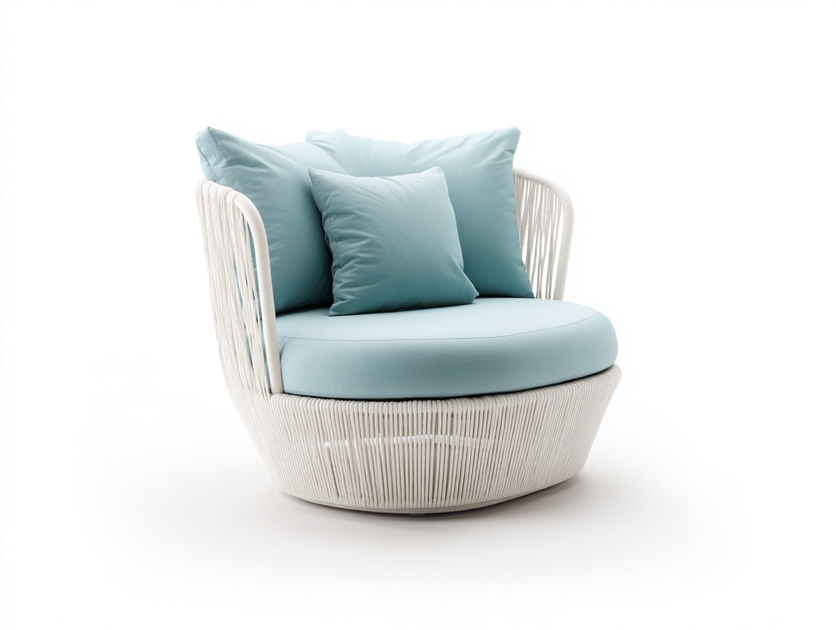 Poltrona in corda e tessuto 84×82×80 cm - bianco e azzurro chiaro - linea avvolgente per camera da letto