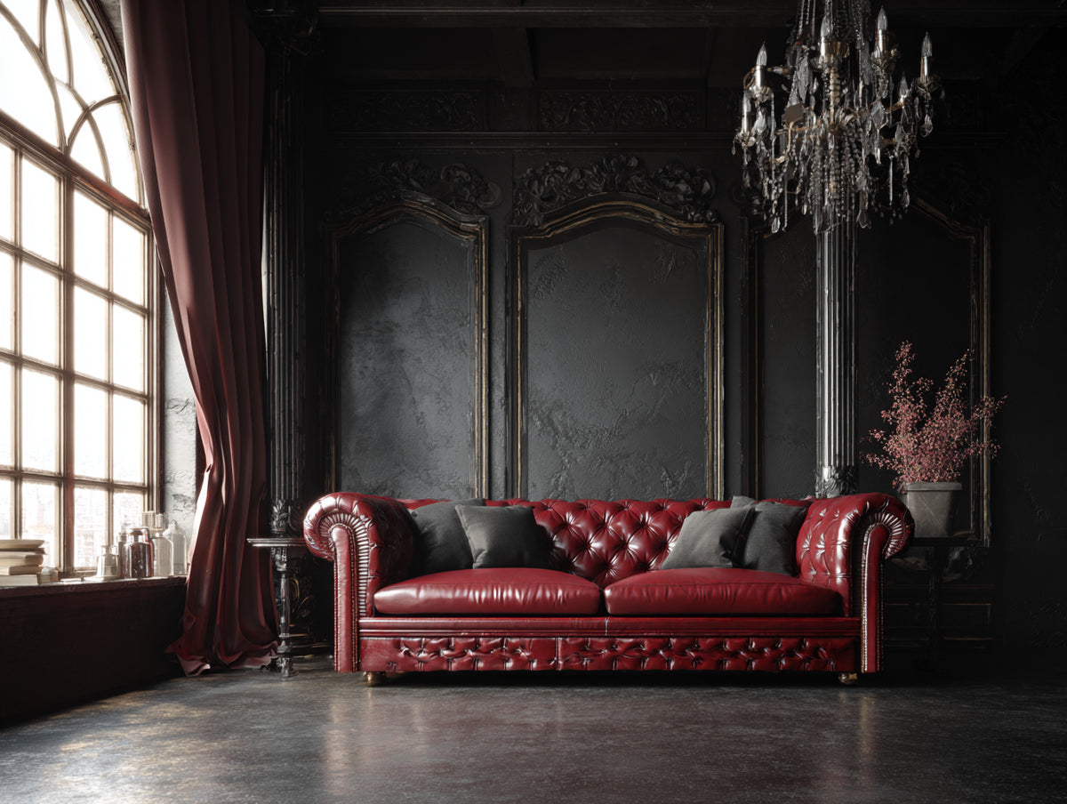 Divano a 3 posti in pelle 218×94×80 cm - bordeaux - braccioli arrotolati con borchie per Soggiorno