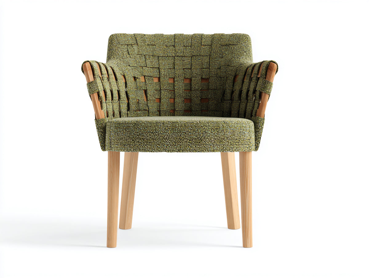 Poltrona imbottita in tessuto intrecciato 73×71×82 cm – verde oliva/legno naturale – design compatto per camera da letto