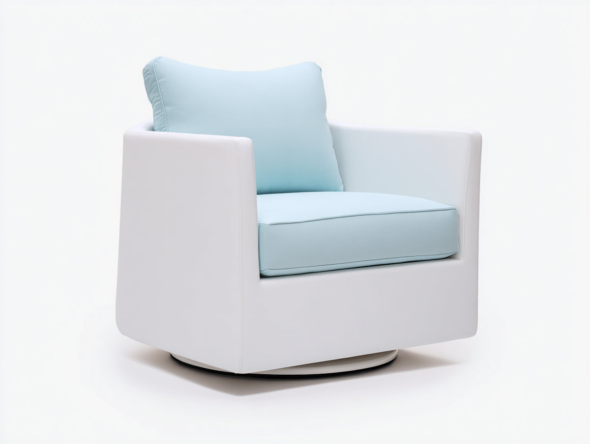 Poltrona imbottita 80×78×76 cm - bianco e azzurro chiaro - base circolare per camera da letto