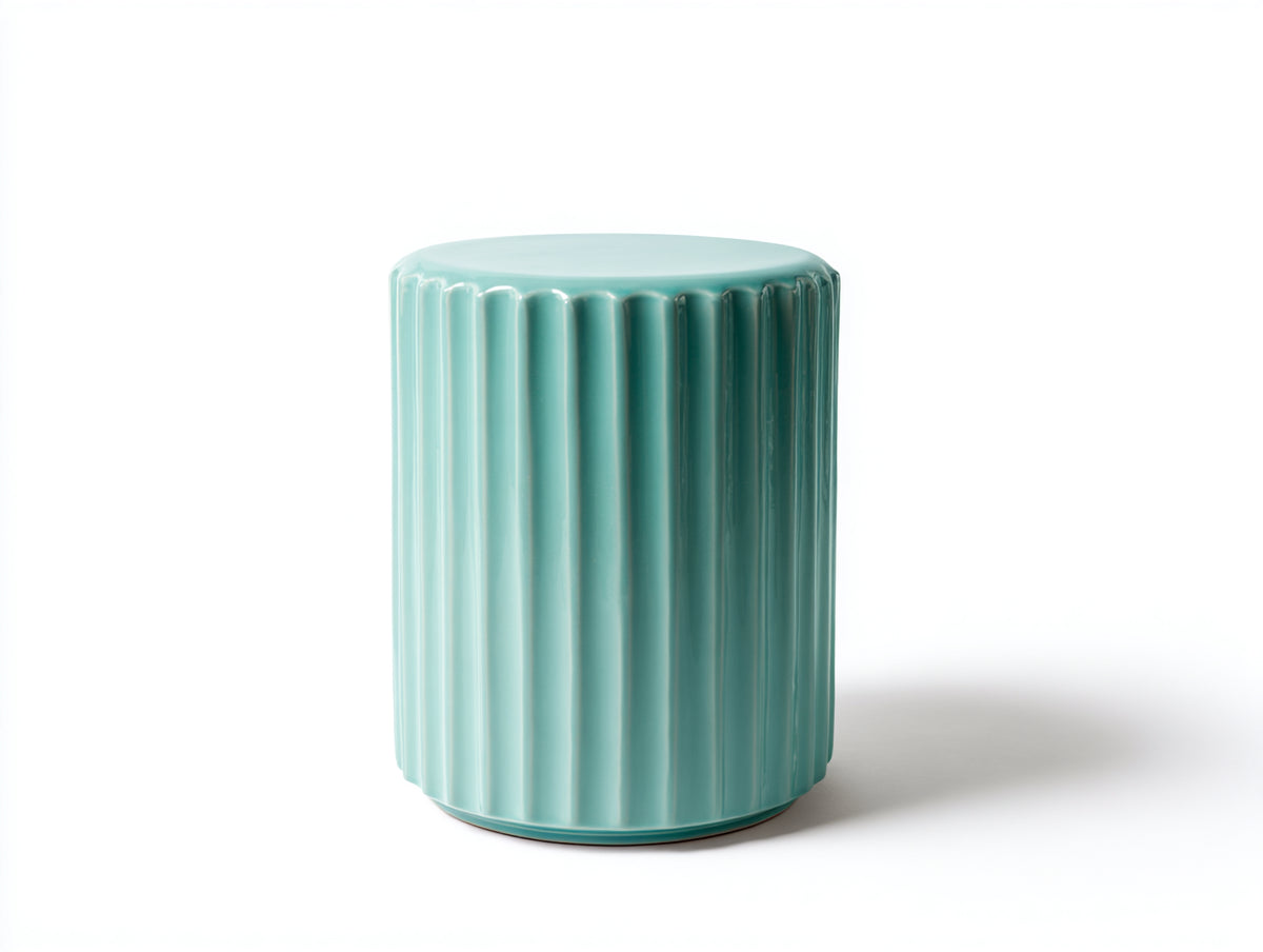 Pedale decorativo cilindrico 36×36×44 cm – ceramica turchese chiaro – rilievi verticali per soggiorno