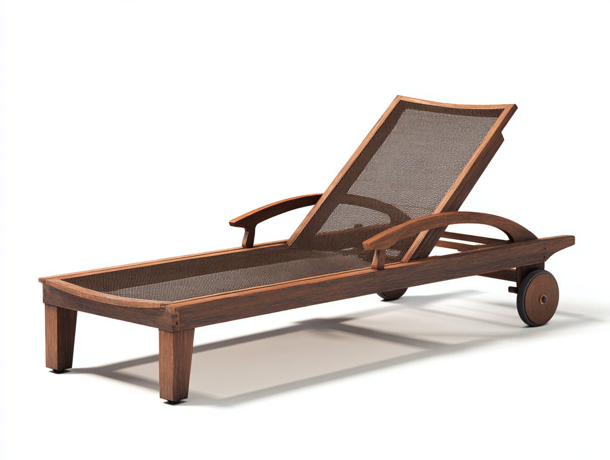 Poltrona Reclinabile in teak e rete 204×70×94 cm - color noce e marrone caffè - con braccioli curvi e ruote per Terrazza
